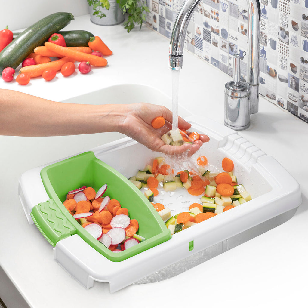 Tagliere Estensibile 3-in-1 con Vaschetta e Cestello per Lavaggio PractiCut